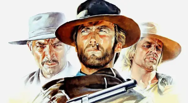 Il cast di Per qualche dollaro in più: Clint Eastwood, Lee Van Cleef e Eli Wallach, tre pistoleri pronti a tutto nel selvaggio West.