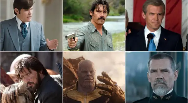 Collage di film e programmi TV di Josh Brolin: in abito, con baffi e pistola, come politico, cowboy, Thanos e in uniforme.