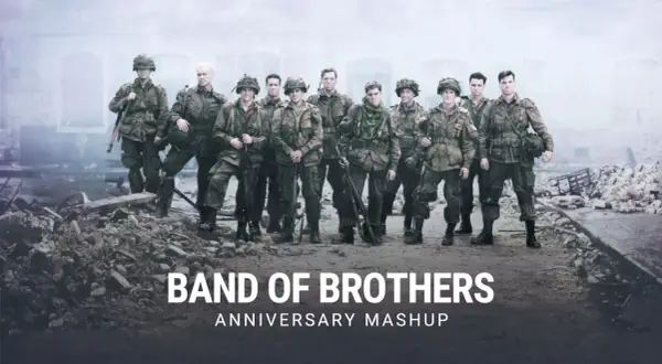 Un gruppo di soldati, veri fratelli al fronte, posa in un paesaggio devastato. La scritta "Band of Brothers" celebra il loro legame indissolubile.