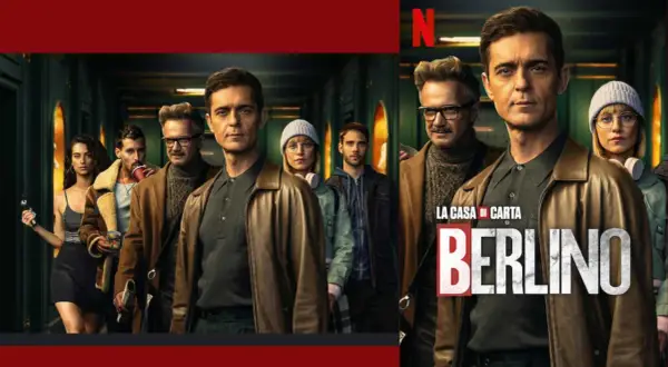 Il cast della serie tv Berlino, spin-off de La Casa di Carta, posa in un corridoio.
