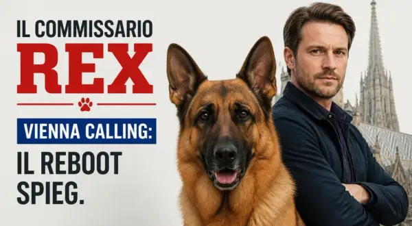 Il cast di Il Commissario Rex: un uomo e il suo fedele cane pastore tedesco, con Vienna sullo sfondo.