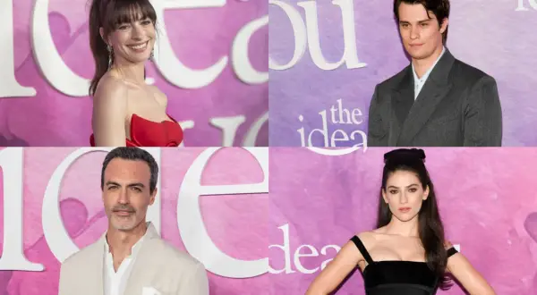 Il cast di "The Idea of You": Anne Hathaway, Nicholas Galitzine, Reid Scott e Ella Hunt sorridono sul red carpet.
