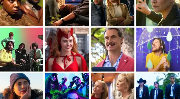 Collage di scene da migliori serie tv: The Beatles, WandaVision, Succession, The White Lotus, Only Murders in the Building, Yellowjackets, The Bear, Heartstopper.