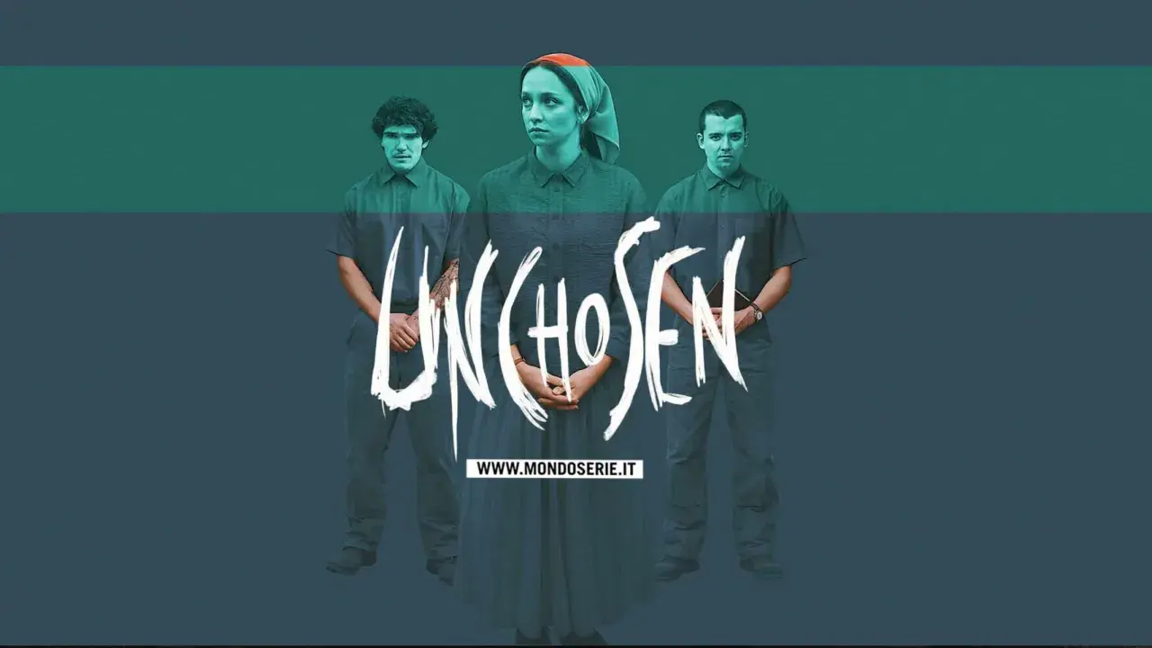 Tre persone in abiti scuri, con la scritta "UNCHOSEN" in bianco. La serie tv "Unchosen" promette mistero.