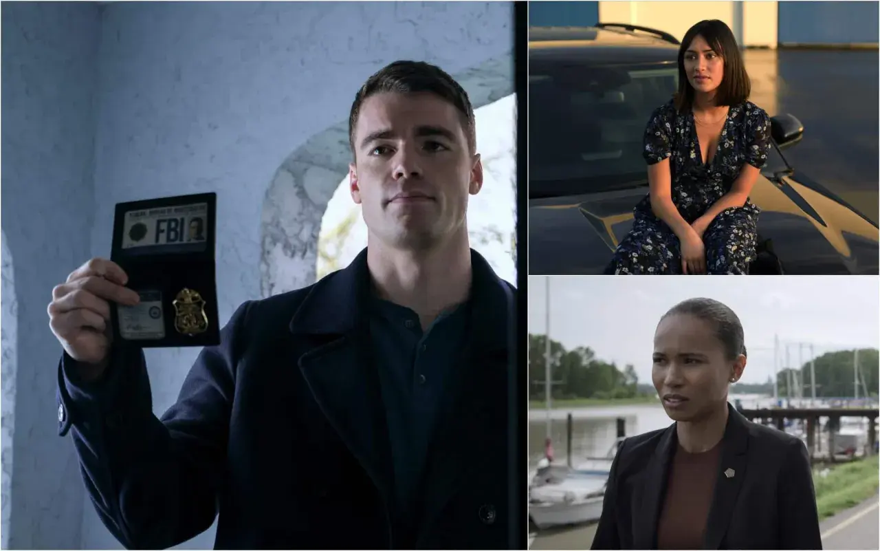 Il cast di The Night Agent: un agente FBI mostra il distintivo, una giovane donna seduta su un'auto e un'altra donna in giacca.
