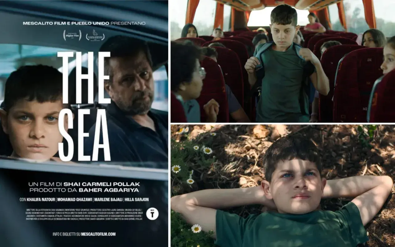 Il poster del film "The Sea" mostra un ragazzo con uno sguardo intenso, un uomo in auto e bambini su un autobus.