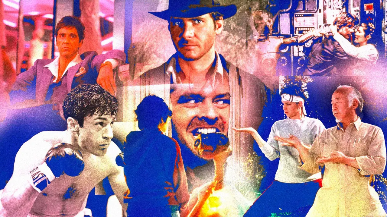 Collage di icone dei film anni 80: Indiana Jones, Rocky, Karate Kid, Scarface, Shining e E.T.