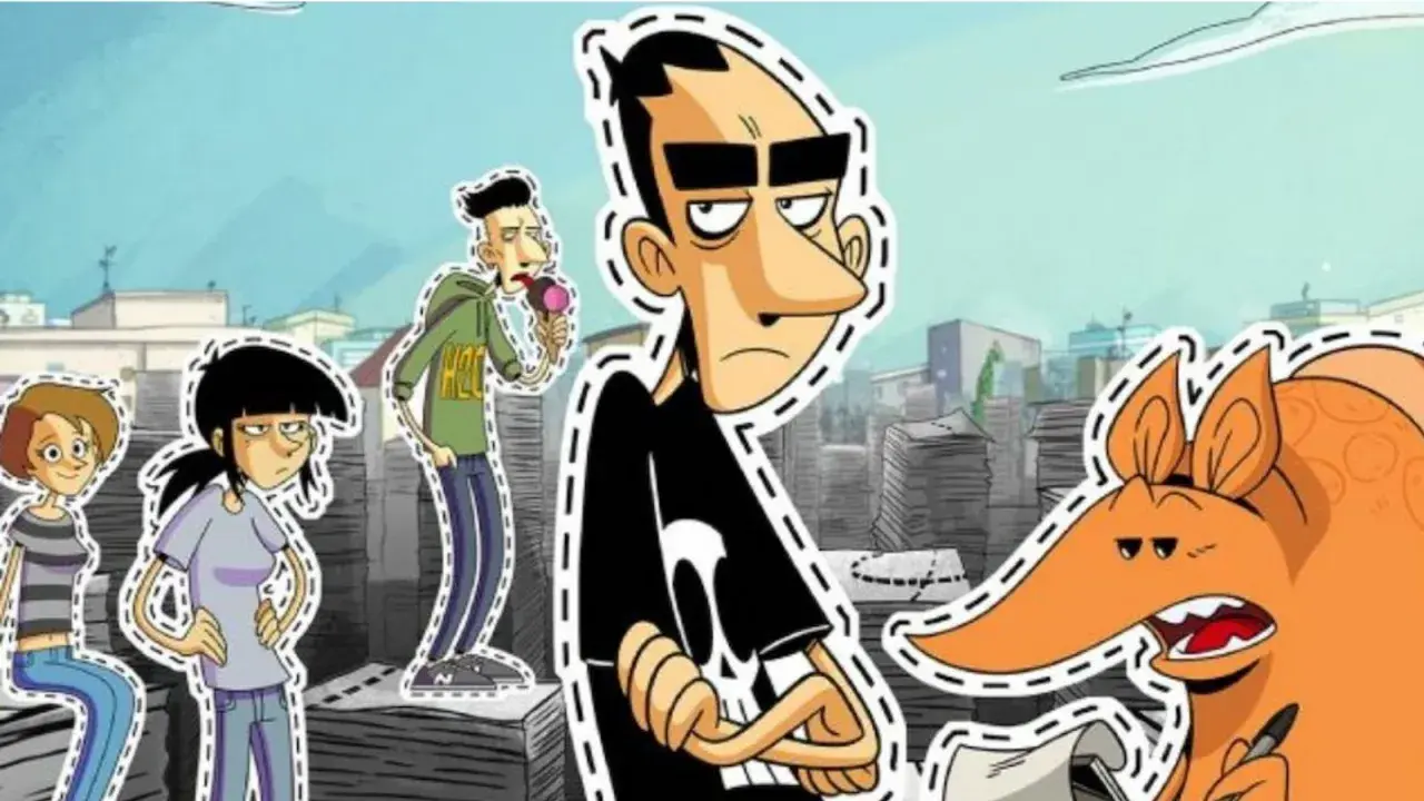 Personaggi stilizzati, come ritagli da **strappare lungo i bordi**, con un maialino e un uomo con un gelato.