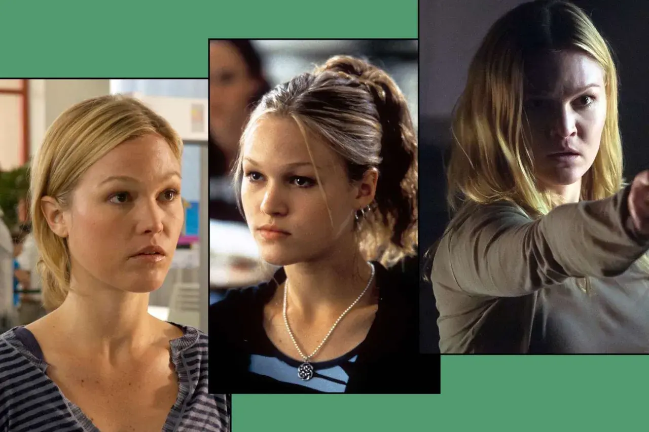Julia Stiles in tre scene diverse di un film. La sua espressione cambia da pensierosa a determinata.