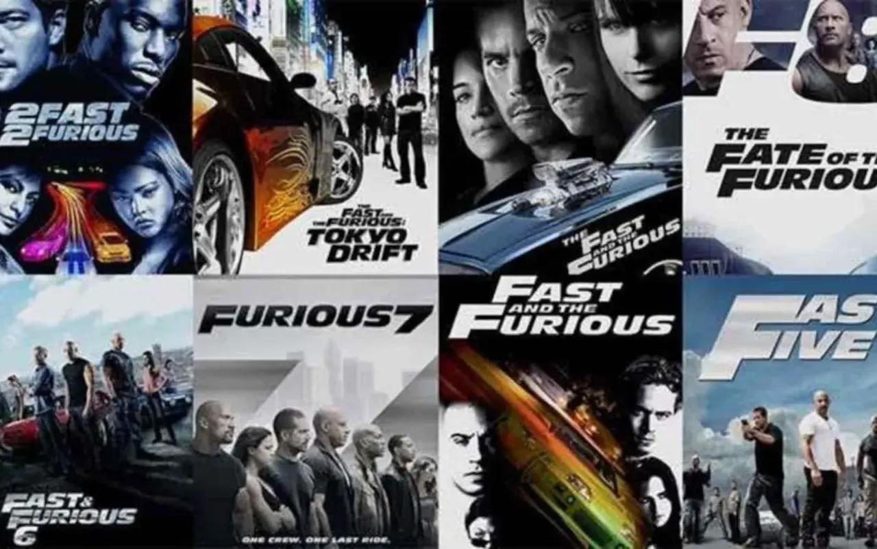Montaggio di locandine dei film di Fast & Furious: 2 Fast 2 Furious, Tokyo Drift, Fast & Furious 6, Fast & Furious 7, The Fate of the Furious, Fast Five.