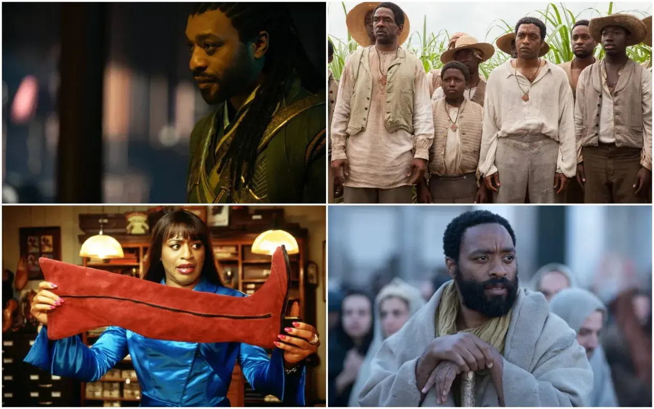Scene da film di Chiwetel Ejiofor: un guerriero mistico, schiavi in un campo di cotone, una donna con uno stivale rosso e un uomo con barba e mantello.