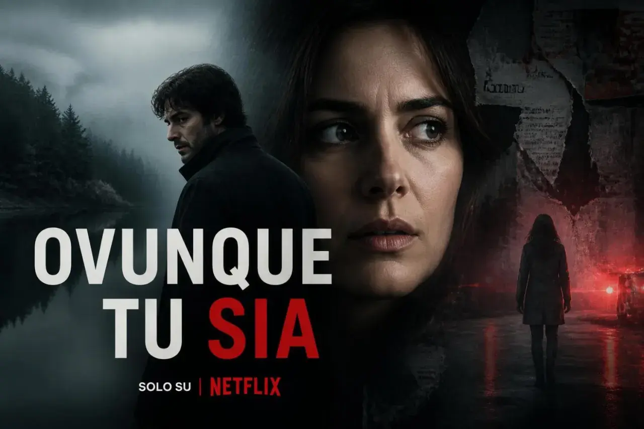 La locandina della serie "Ovunque tu sia" mostra un uomo pensieroso vicino a un lago e una donna in primo piano, con una figura femminile che si allontana in una strada piovosa illuminata da luci rosse.