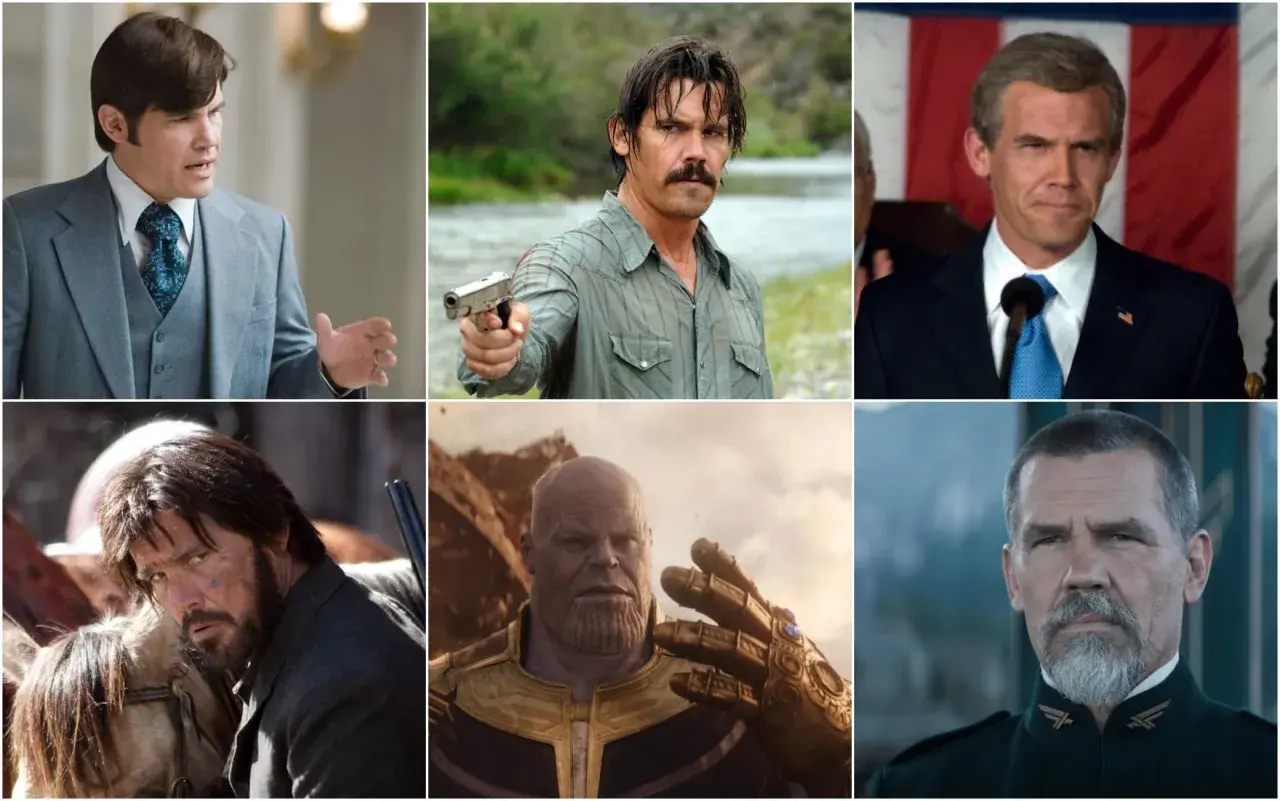 Collage di film e programmi TV di Josh Brolin: in abito, con baffi e pistola, come politico, cowboy, Thanos e in uniforme.