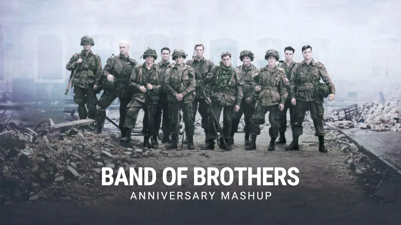 Un gruppo di soldati, veri fratelli al fronte, posa in un paesaggio devastato. La scritta "Band of Brothers" celebra il loro legame indissolubile.