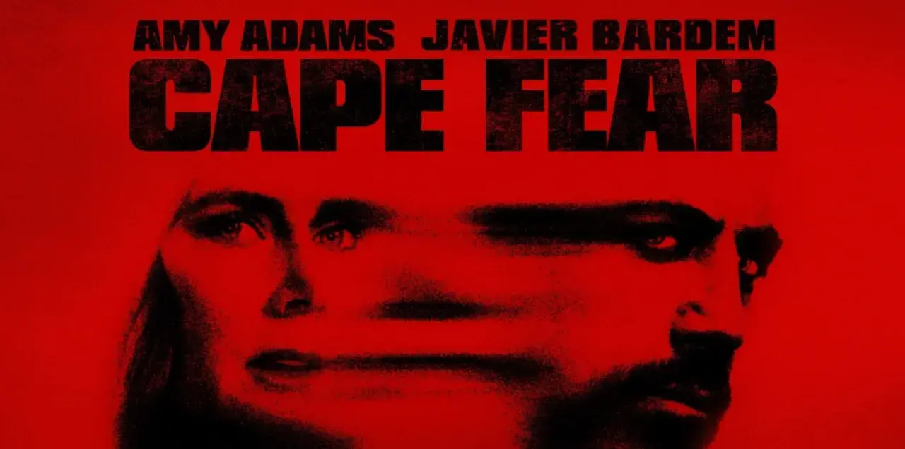 Volti sovrapposti in primo piano su sfondo rosso, con il titolo "CAPE FEAR" in nero.
