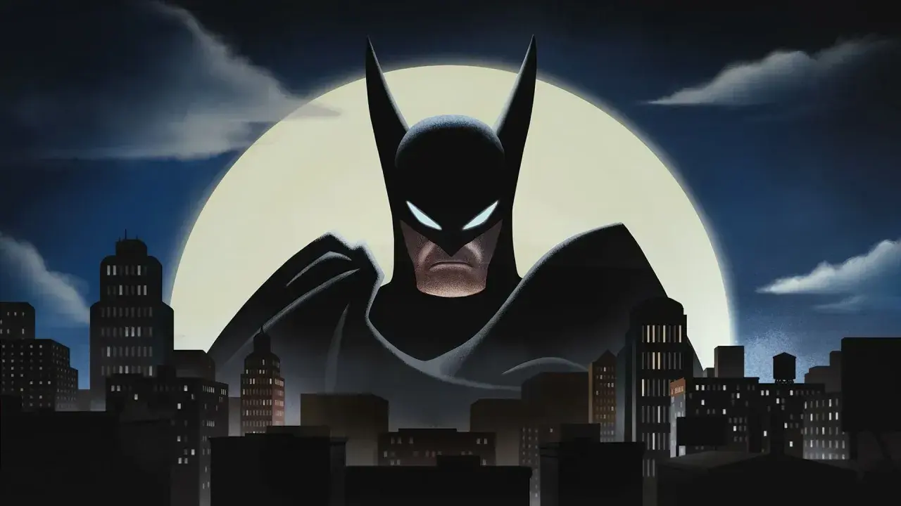 Il **batman caped crusader** veglia sulla città sotto una luna piena, con occhi luminosi che scrutano l'oscurità.