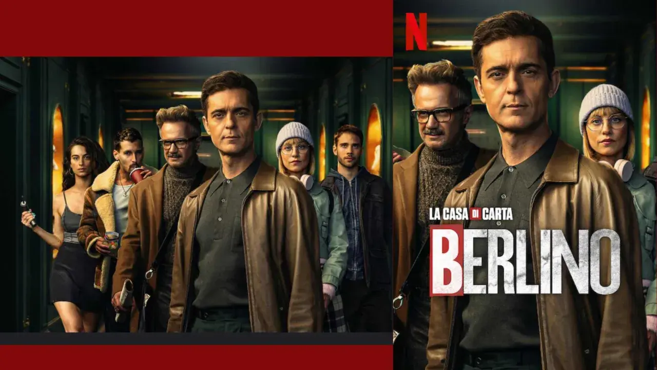 Il cast della serie tv Berlino, spin-off de La Casa di Carta, posa in un corridoio.
