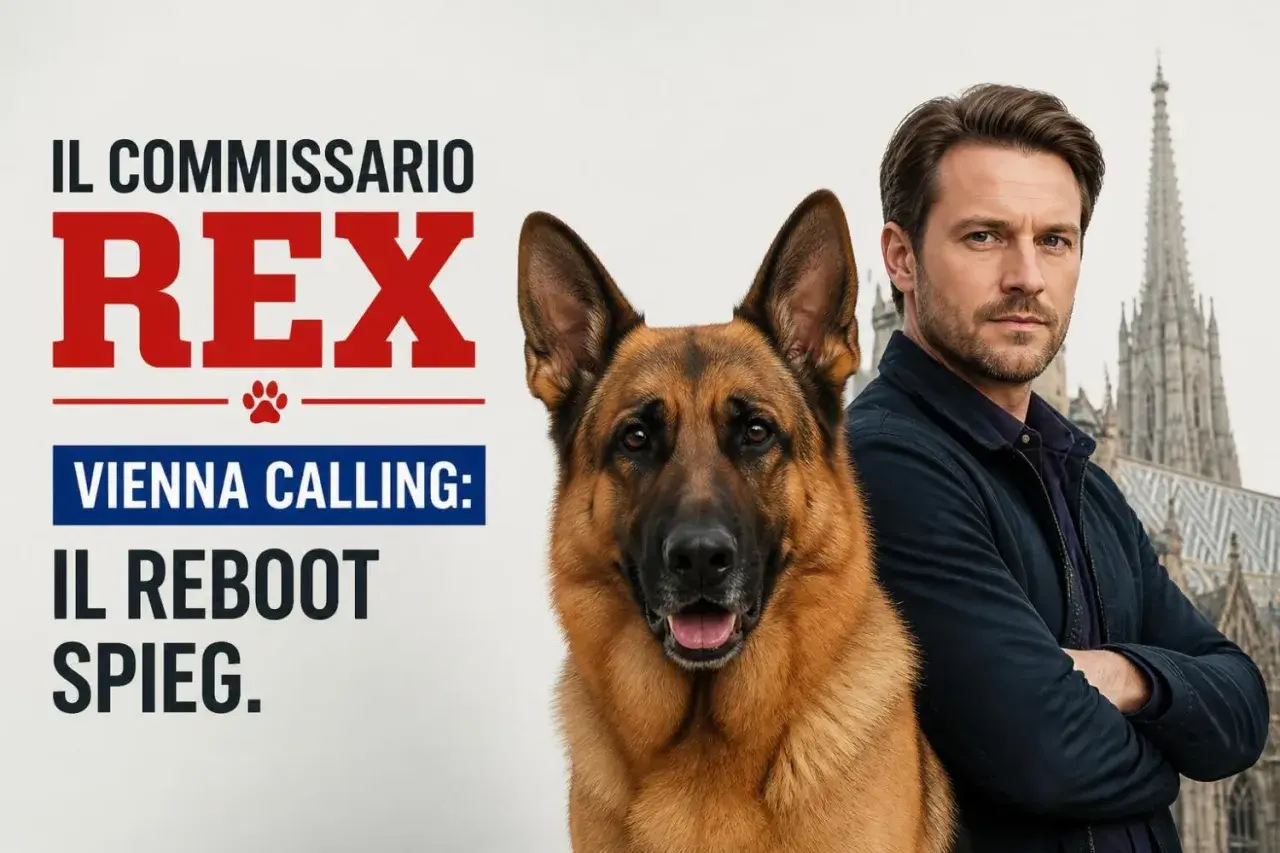 Il cast di Il Commissario Rex: un uomo e il suo fedele cane pastore tedesco, con Vienna sullo sfondo.