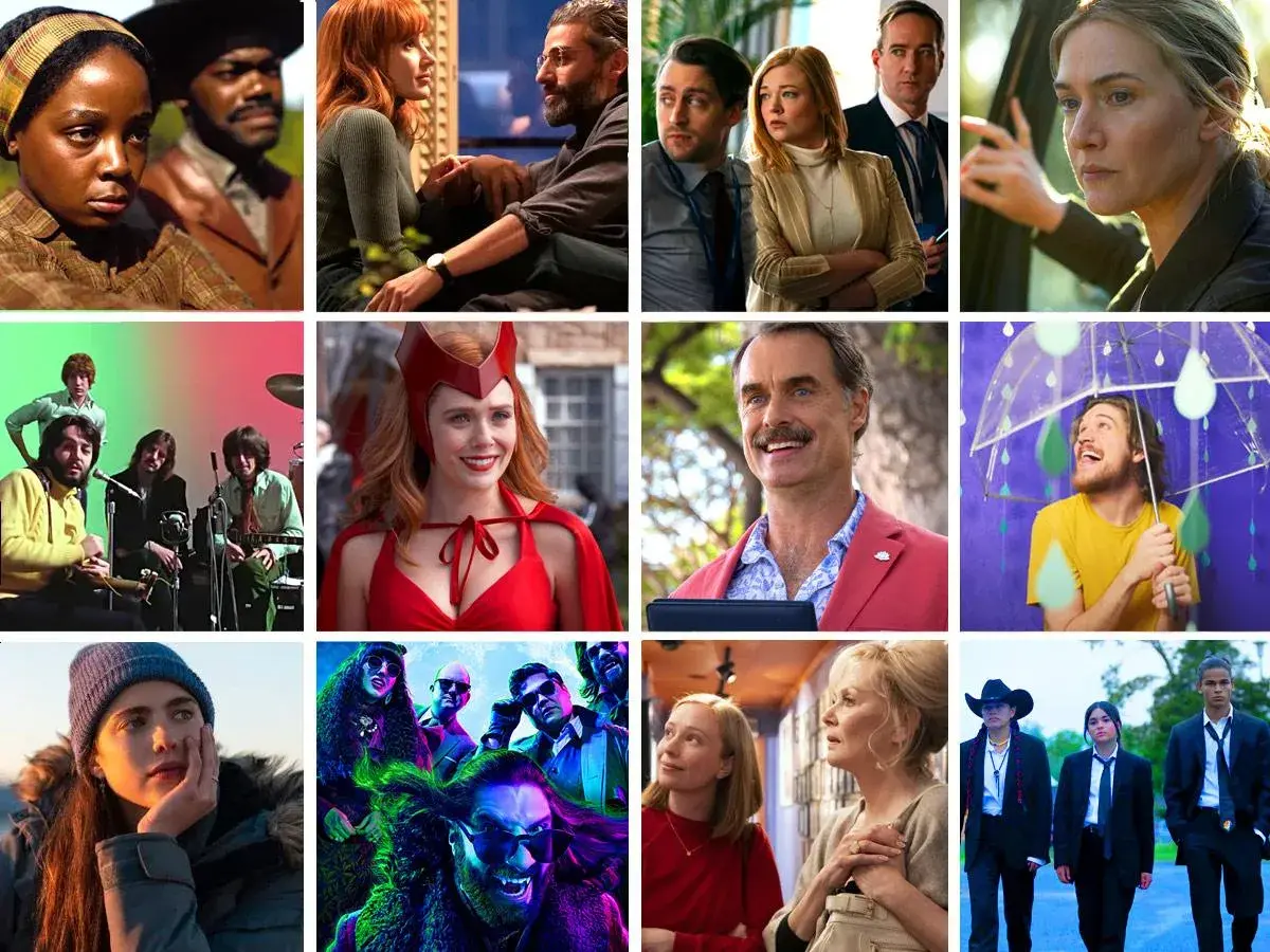 Collage di scene da migliori serie tv: The Beatles, WandaVision, Succession, The White Lotus, Only Murders in the Building, Yellowjackets, The Bear, Heartstopper.