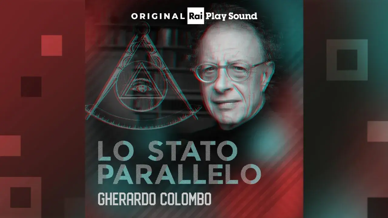 Gherardo Colombo discute "Lo Stato Parallelo" con un occhio onniveggente e simboli massonici.