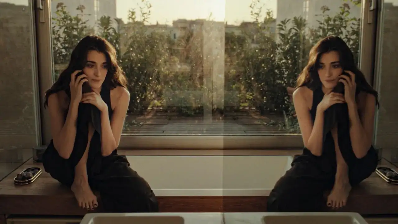 Una donna pensierosa al telefono, seduta su un davanzale con vista su un giardino. Un momento sospeso, forse l'inizio di una breve storia d'amore.