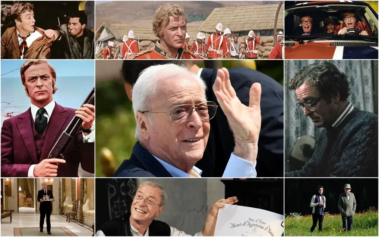 Collage di scene iconiche con Michael Caine, un attore leggendario del cinema britannico.