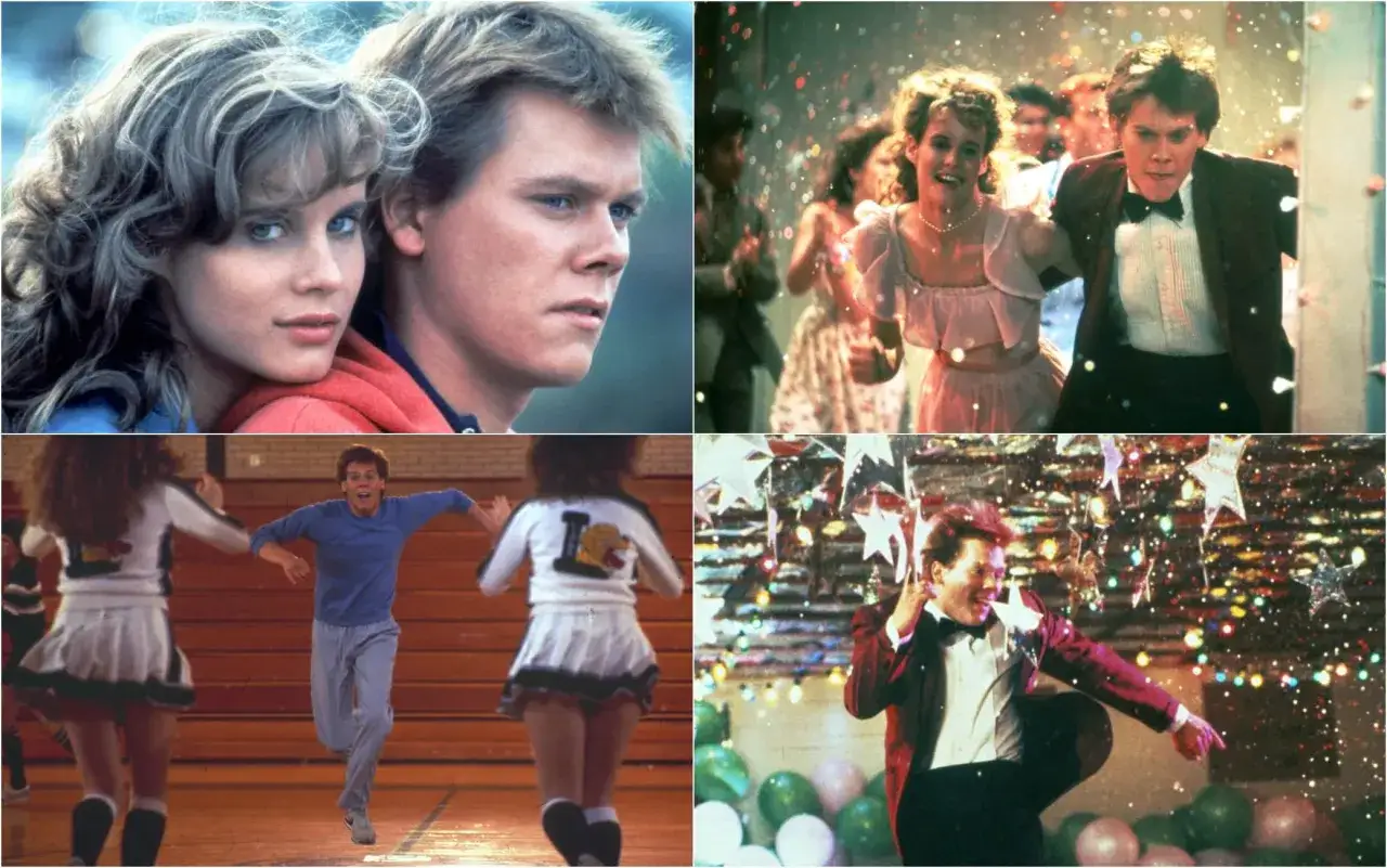 Scena dal film Footloose: il cast in momenti iconici, tra balli e sguardi intensi.