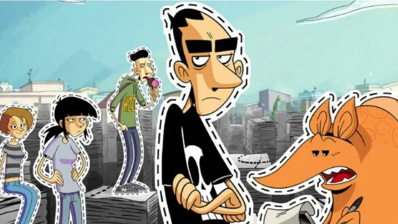 Personaggi stilizzati, come ritagli da strappare lungo i bordi, con un maialino e un uomo con un gelato.