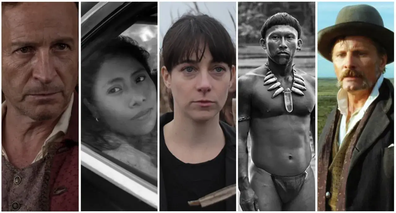 Volti di un film di america latina: un uomo anziano, una giovane donna, una donna con occhi blu, un uomo indigeno e un uomo con cappello.