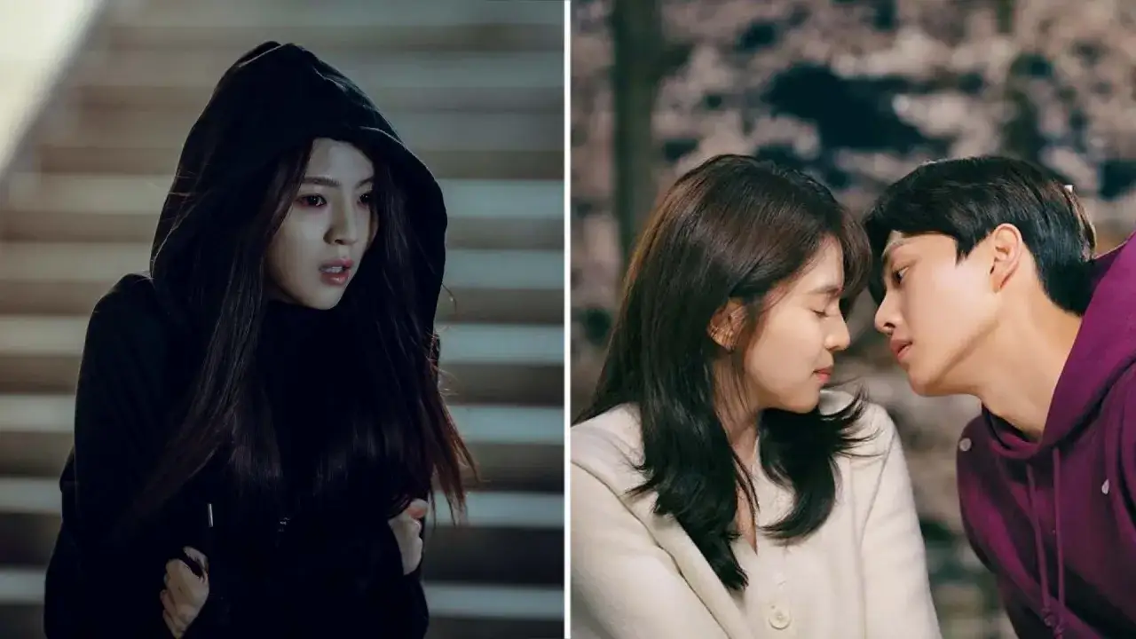 Han So Hee in un cappuccio nero, con un'espressione preoccupata, e poi in un momento intimo con un uomo.