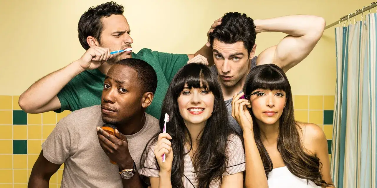 Il cast di New Girl si prepara per la giornata in bagno, tra spazzolini e trucchi.