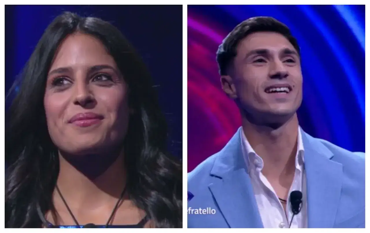 Mirko e Perla, sorridenti e luminosi, si guardano con affetto. Lei con capelli scuri e un abito blu, lui con un completo azzurro.