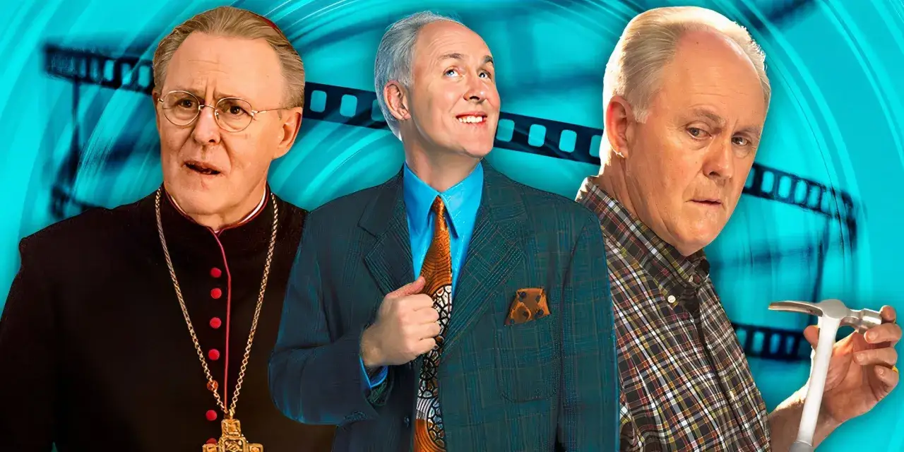 John Lithgow in tre ruoli iconici: un vescovo, un uomo d'affari e un padre di famiglia. Un collage che celebra i suoi film e programmi TV.