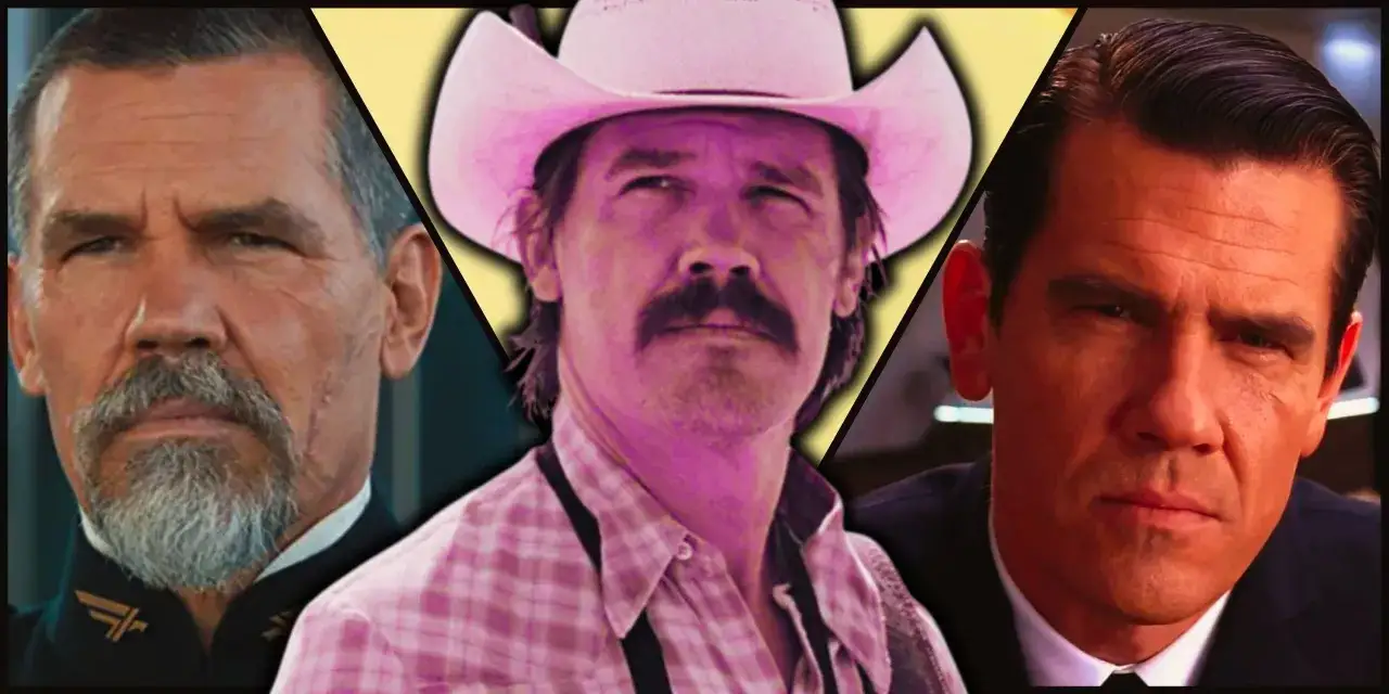 Josh Brolin in tre ruoli diversi: un uomo con barba grigia, un cowboy con cappello rosa e un uomo in abito scuro. Un collage dei suoi film e programmi TV.