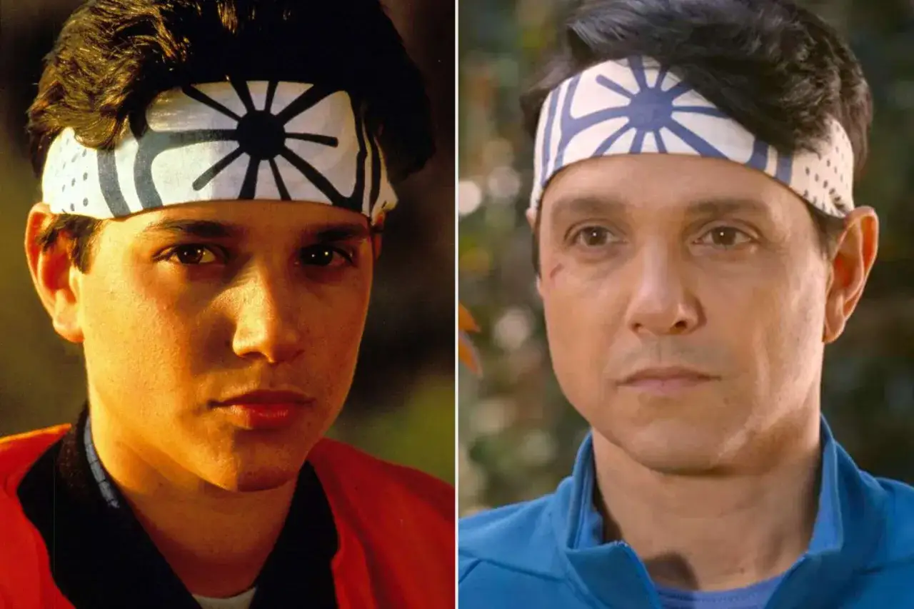 Il cast di Karate Kid III - La sfida finale: Daniel LaRusso da giovane e adulto, con la sua iconica fascia.