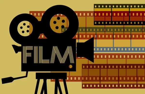 Cine d'America Latina: una cinepresa vintage con pellicole colorate evoca storie e visioni.