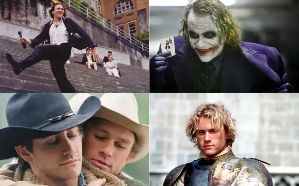 Collage di film di Heath Ledger: un giovane con microfono, il Joker, due cowboy e un cavaliere.