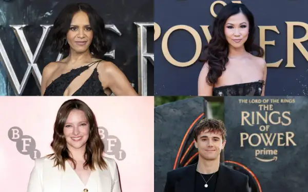 Il cast di Il Signore degli Anelli: Gli Anelli del Potere, con attori come Cynthia Addai-Robinson, Nazanin Boniadi, Robert Aramayo e Sophia Nomvete.