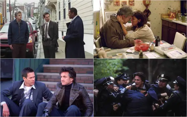Il cast di Mystic River in scene drammatiche: Sean Penn, Kevin Bacon, Tim Robbins e Laurence Fishburne.