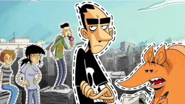 Personaggi stilizzati, come ritagli da **strappare lungo i bordi**, con un maialino e un uomo con un gelato.