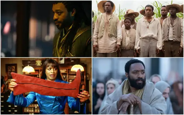 Scene da film di Chiwetel Ejiofor: un guerriero mistico, schiavi in un campo di cotone, una donna con uno stivale rosso e un uomo con barba e mantello.