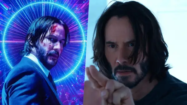 Keanu Reeves, un volto iconico del cast di Matrix, appare in due versioni: una con ferite e sfondo neon, l'altra con uno sguardo intenso e un gesto di avvertimento.