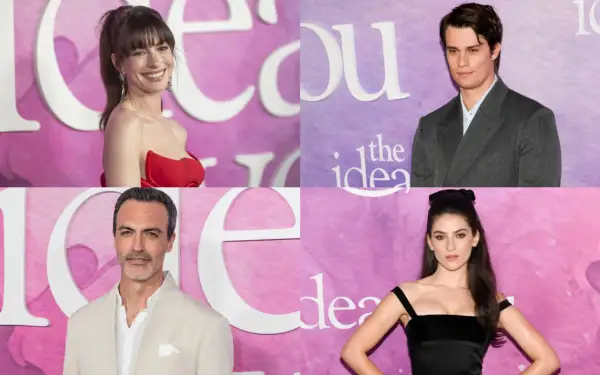 Il cast di "The Idea of You": Anne Hathaway, Nicholas Galitzine, Reid Scott e Ella Hunt sorridono sul red carpet.
