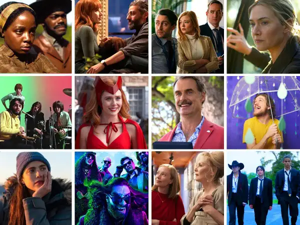 Collage di scene da migliori serie tv: The Beatles, WandaVision, Succession, The White Lotus, Only Murders in the Building, Yellowjackets, The Bear, Heartstopper.