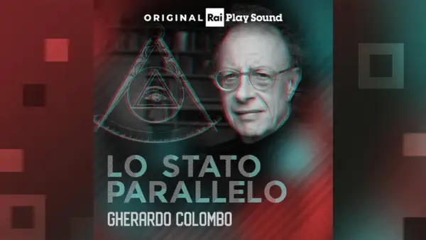 Gherardo Colombo discute "Lo Stato Parallelo" con un occhio onniveggente e simboli massonici.
